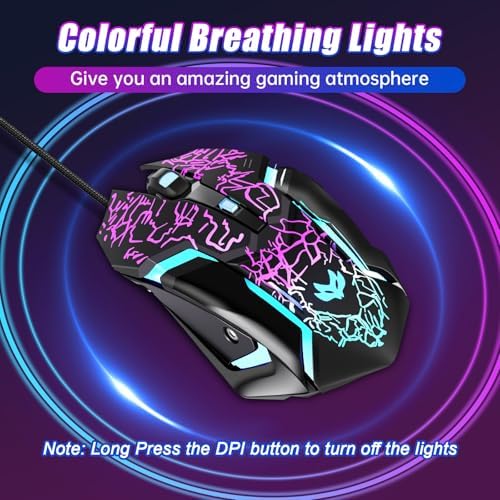 Wired Gaming Mouse,Ergonomic Optical Gaming Mice with 7 Color LED Backlight, 4 DPI Settings Up to 3600 DPI Computer Wired USB Mouse for Laptop/mac, 6 Buttons, Black