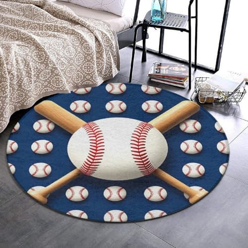 Women's Large Home Decor Mat, Soft Round Yoga Carpet, Non Slip Machine Washable Home Office Circle Rug Baseball