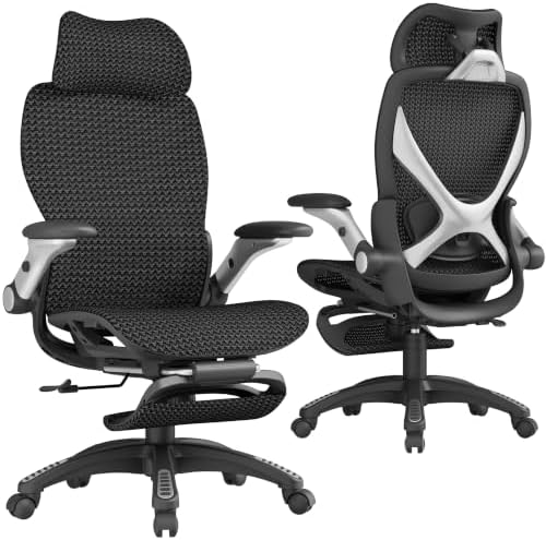 ELABEST X100 Ergonomic Mesh Office Chair with Footrest, Big and Tall Home Desk Chair with 5D Flip-Up Arms, Adjustable 3D Lumbar Support, Gaming & Executive Computer Chair (Wave Black)