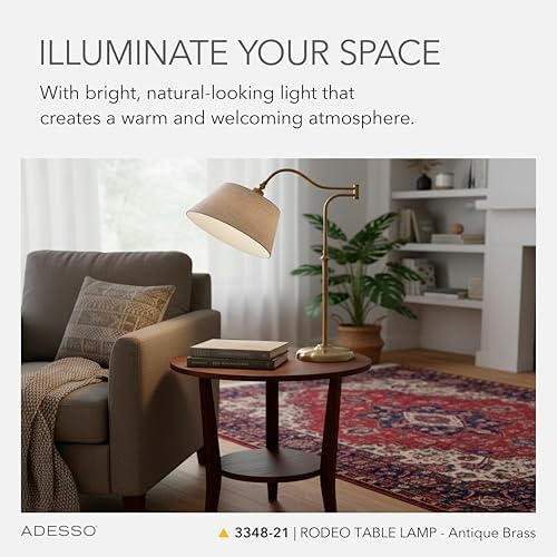 Adesso Table Lamp, Antique Brass & Cream, Adjustable Arm, 27”