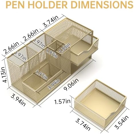 Mesh Desk Organizer with 2 Drawers, Metal Pen Holder for Desk, Gold