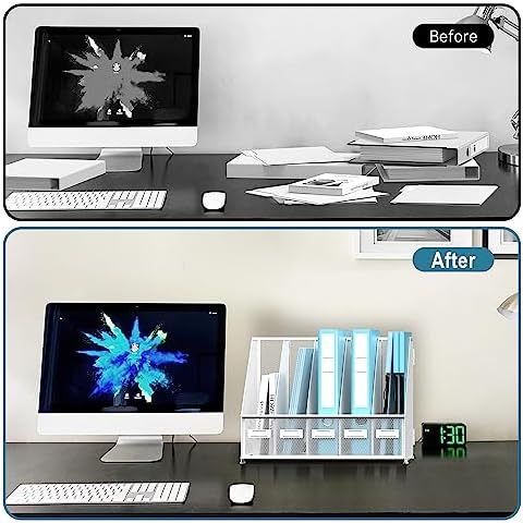 SUPEASY Desk Organizers Metal Desk Magazine File Holder with 5 Vertical Compartments Rack File Organizer for Office Desktop, Classroom, Home Workspace, White Plus