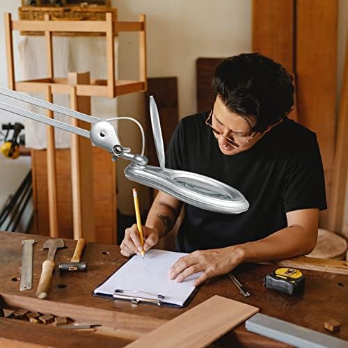 LED Magnifying Lamp with Clamp, 5 Inch Magnifier Glass Lens, Metal Swing Arm Dimming 1200 Lumens Lighted Magnifying Desk Lamp for Crafts, Bright 60PCS LEDs - 2.25X Magnification(Silver)