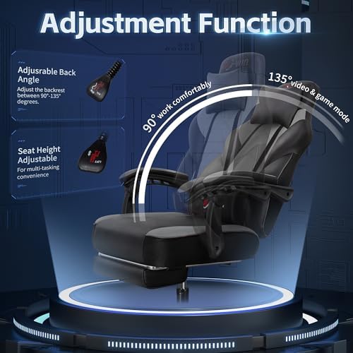 Gaming Chair, Computer Chair with Footrest and Lumbar Support,Video Game Chair Height Adjustable,Racing Style Computer Chair with 360°-Swivel Seat and Headrest (Grey)