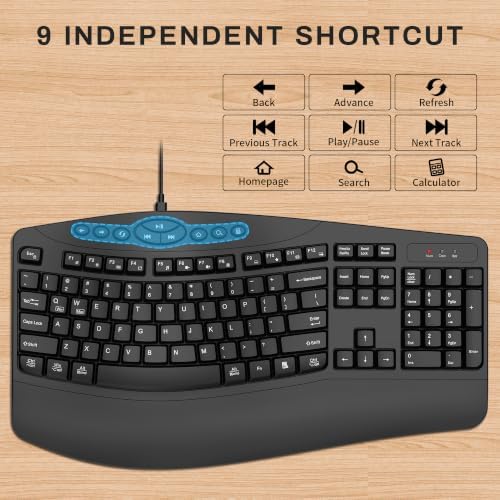 Ergonomic Wired Keyboard with Wrist Rest,9 Independent Shortcut Keys