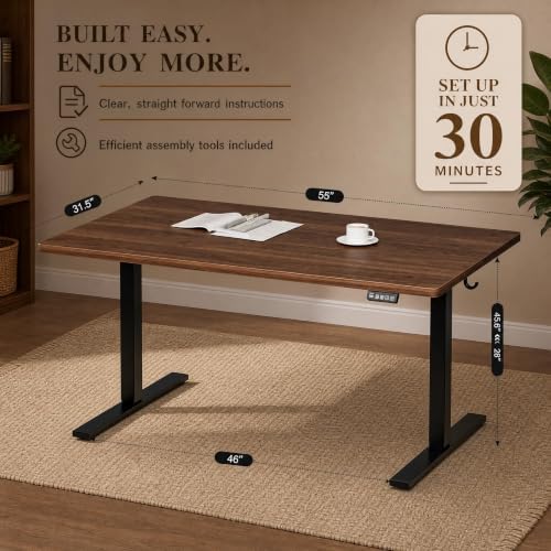 Grandder 55x32 Large Electric Standing Desk, Height Adjustable Computer Desk with 2 Memory Presets, 31.5" Deep Desktop Sit Stand Desk Home Office Desk Workstation Table with Hooks, Walnut