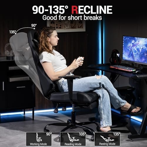 Gaming Chair with Footrest, Video Game Chair with Massage, PU Leather Computer Chair, Lumbar Support for Men Women, Home Office, Height Adjustable, Ergonomic High Back, Black