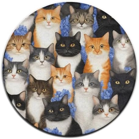 Fashion Round Area Rug Large Non Slip Carpet Unisex Home Decor Mat Floral Blue Flowers Kitten Cats