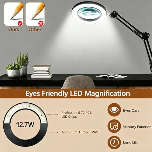 10X Magnifying Glass with Light and Clamp, Magnifier with Light Hands Free3 Color Modes Stepless Dimmable, 72 LEDs Real Glass Lens Magnifying Lamp for Close Work, Repair, Reading, Craft