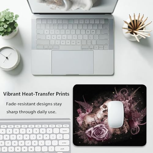 Vintage Pink Rose & Gothic Skull Mouse Pad, Floral Halloween Art Desk Mat