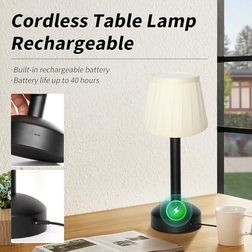 Mr.White Rechargeable Cordless Table Lamp with Fabric Lampshade & Adjustable Poles, 5200mAh Battery Operated Portable Table Light for Patio Restaurant Kitchen Dining (Black)