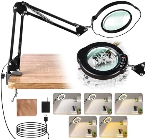 10X Magnifying Glass with Light and Stand, LED Desk Lamp with Clamp, 5 Color Mode, 10 Dimmable Levels, Hands Free for Reading Crafts Jewelry Sewing Close Work