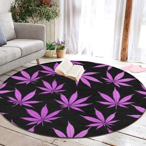 Fashion Round Area Rug Large Non Slip Carpet Unisex Home Decor Mat Purple Weed Leaves