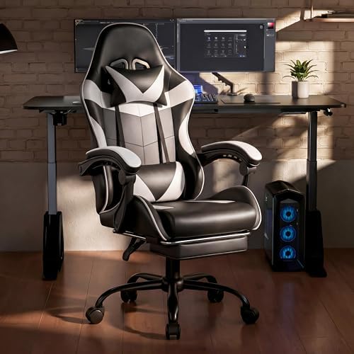 Gaming Chair, Ergonomic Footrest, Lumbar & Headrest(Black White)