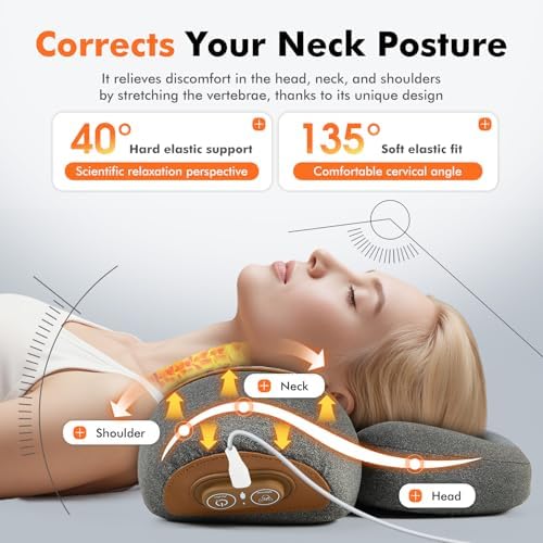 3-in-1 Rechargeable Wireless Heating Neck Massage Pillow—Relieves Neck Pain; Combines Heat Therapy, Massage, and Stretching Functions in One Ergonomic Neck and Shoulder Relaxer (Gray)