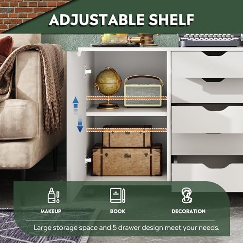 DEVAISE 5-Drawer Wood Drawer Cabinet, Office Storage Cabinet, White