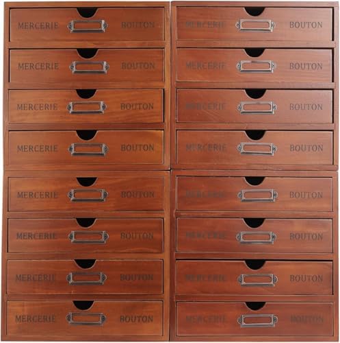 Vintage Wooden Drawer Organizer with 16 Drawers, 4-Tier Stackable Desktop Storage Box for Office, Home, Craft Supplies – Compact Space-Saving Design, Sturdy Pine Wood Construction, Built-In Label