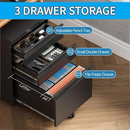 3 Drawer Mobile File Cabinet with Lock, Rolling File Cabinet with Wheels