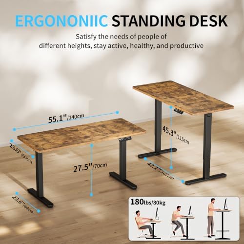 BIZUM Electric Standing Desk, 55" x 24" Height Adjustable Desk, Rustic Brown Sit to Stand Desk Memory Gaming Computer Workstation for Home Office