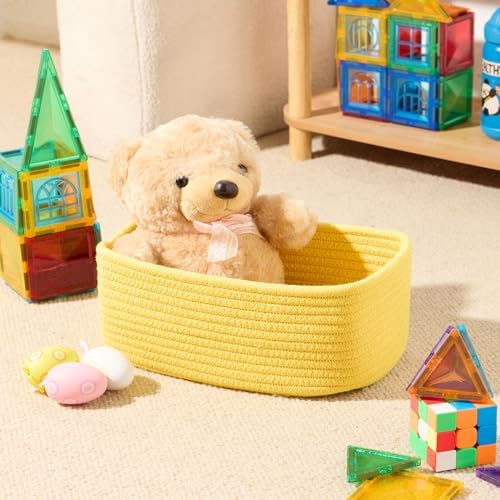 MiniArk Small Storage Baskets for Organizing | Closet Organizer Bins | Shelf Toy Basket | Woven Rope Baskets | Cube Decorative Box | Shallow Basket | 11.5x7.5x4.7” | 3 Packs Yellow