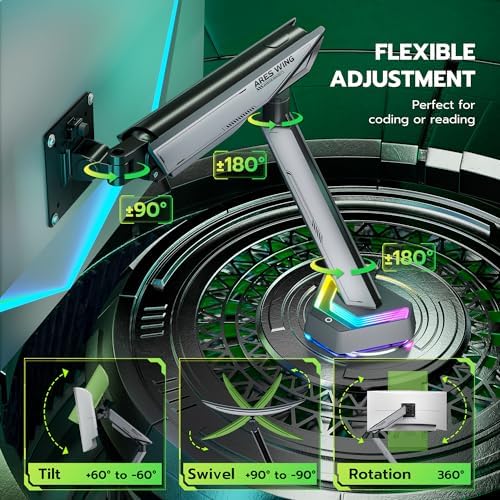 ARES WING RGB Single Monitor Arm Desk Mount for 17-45 inch Monitors, Gray