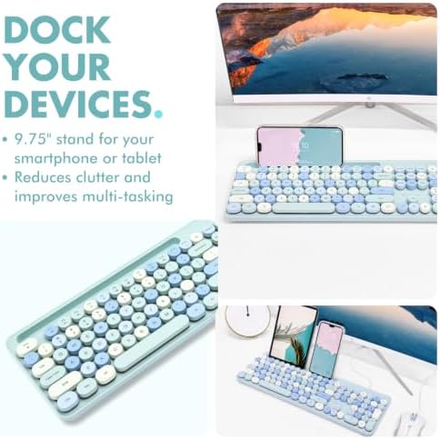 X9 Wired Keyboard and Mouse Combo with Backlight - Retro Typewriter Round Keycaps, Phone/Tablet Dock, 109 Fullsize Keys, Cute Colorful Blue Keyboard, Pastel Keyboard for Laptop, PC and Chromebook