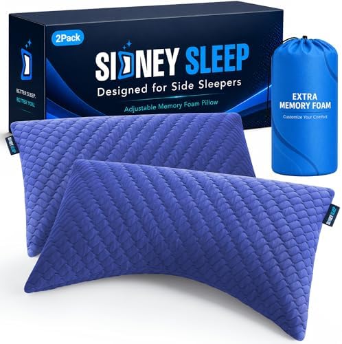 Sidney Sleep Set of 2 Queen Size Bed Pillows for Side and Back Sleepers - Adjustable Filling - Memory Foam Pillows for Neck and Shoulder Pain - Customizable Loft - Extra Foam Included (Blue)