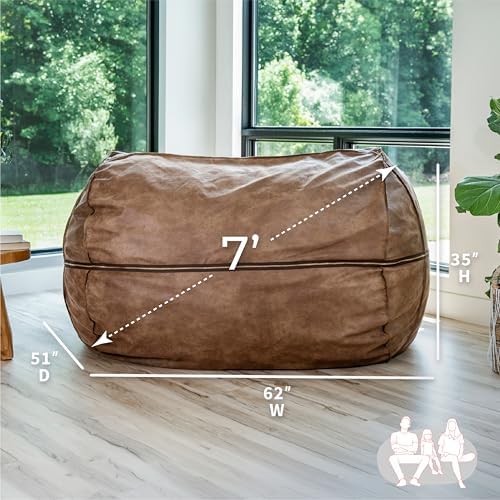 Big Joe Fuf 7Ft Giant Foam Bean Bag Chair, Oversized Couch with Removable Cover for Kids, Teens, Adults, Coffee Soft Vegan Leather, 7 Foot