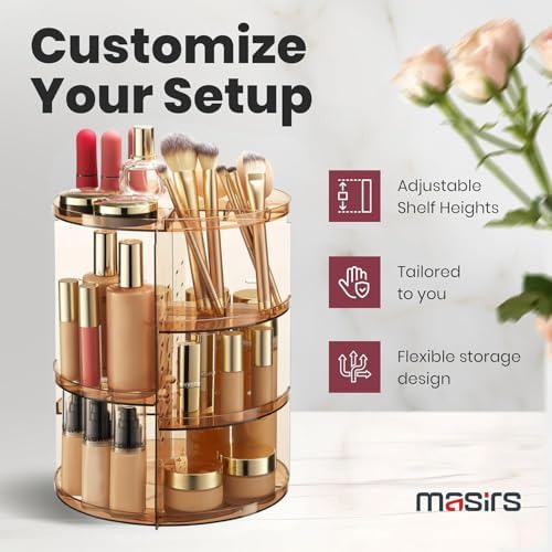 Masirs 360 Rotating Makeup Organizer Countertop, Adjustable Shelf, Brown