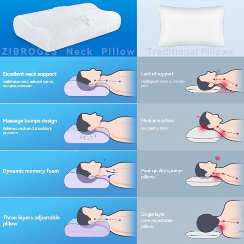 Cervical Neck Pillow for Pain Relief- Queen Size Adjustable Cooling Pillow for Sleeping, Memory Foam Pillows for Neck Shoulder, Ergonomic Contour Bed Pillow for Side, Stomach & Back Sleepers