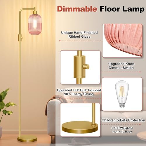【Upgraded】 Dimmable Floor Lamp for Living Room with Pink Ribbed Glass Lampshade, Gold Modern Floor Lamp with 900LM LED Bulb Included, Arc Standing Tall Lamp for Bedroom, Office, Reading Room, Corner