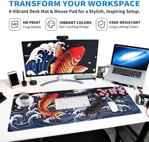 Extended Koi Fish Desk Mat, XXL Large Gaming Mouse Pad, Japanese Great Wave Sakura Stitched Edges Waterproof with Non-Slip Rubber Base for Computer Keyboard Laptop Work Home Office 35.4"x15.7"
