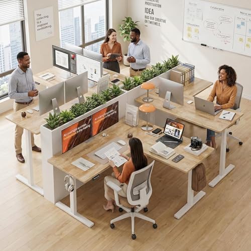 Grandder 75 x 61 Inch L Shaped Standing Desk, Electric Height Adjustable Corner Stand Up Desk, Sit Stand Corner Table Home Office Table, Oak Top White Frame