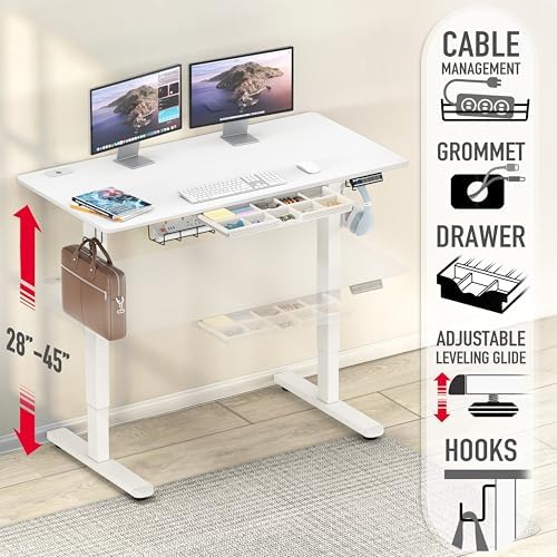 SHW 48-Inch Electric Height Adjustable Standing Desk w/Drawer, White