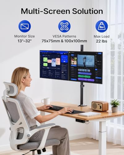 HUANUO Dual Monitor Stand for 13-32 Inch Screens, Tall Pole Desk Mount,Larger Base, Ideal for Sit-Stand Workstations, 22 lbs per Arm, VESA 75x75/100x100mm, Tilt Swivel Rotation, Cable Management