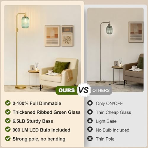 【Upgraded】 Dimmable Floor Lamp for Living Room with Green Ribbed Glass Lampshade, Gold Modern Floor Lamp with 900LM LED Bulb Included, Arc Standing Tall Lamp for Bedroom, Office, Reading Room, Corner