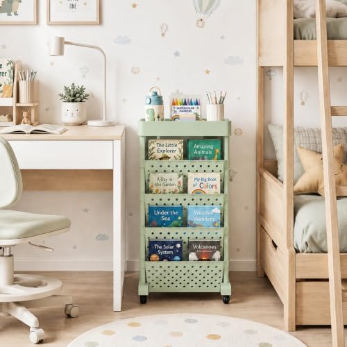 5-Tier Rolling Bookshelf Cart with Wheels, Green