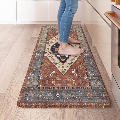KIMODE Anti Fatigue Mat for Kitchen Floor,Boho Oriental Kitchen Rug Red