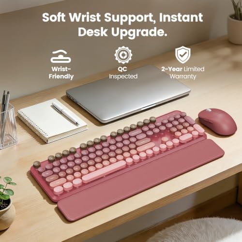 Wireless Keyboard and Mouse Combo, Magnetic Soft-Touch Wrist Rest, Pink