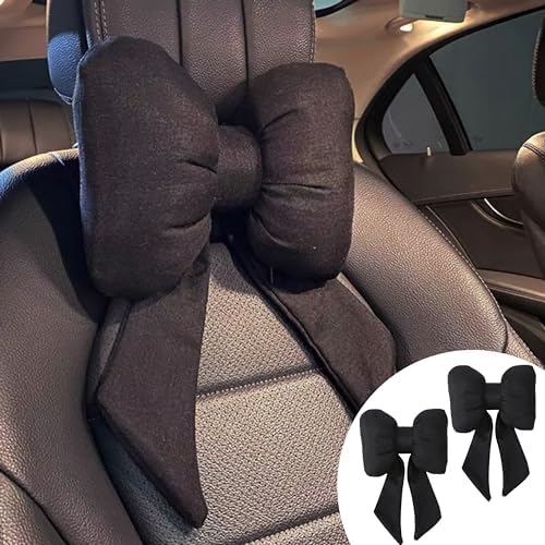 2PCS Chic Car Headrests with Bow-Shaped Cotton Linen Bowknot Neck Pillows for Cozy Road Trip & Cute Interior Decoration (Black)