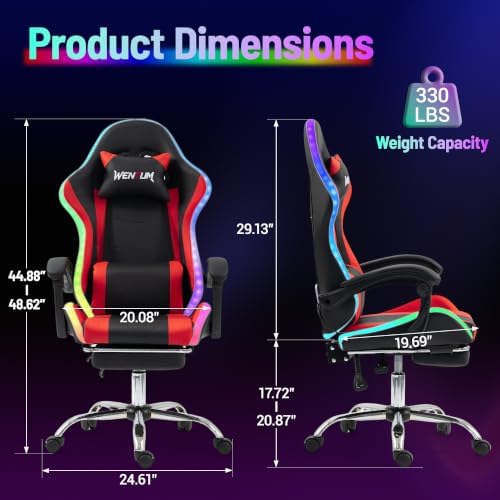 LED Lights Gaming Chair with Footrest, Black/Red