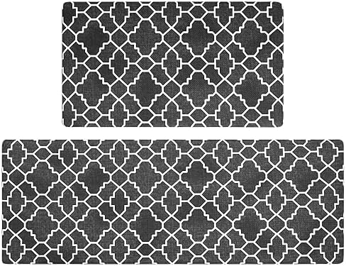 FRESHMINT Kitchen Mat Set of 2, Anti-Fatigue Cushioned Kitchen Mats for Floor, Waterproof Non Slip Comfort Standing Mat, Boho Kitchen Rug for Kitchen Decor, Sink, Office, 17"x30"+17"x47", Black