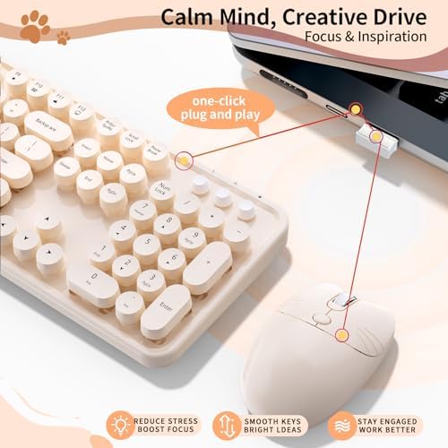 Wireless Keyboard Mouse, MOFII 104 Keys Cute Retro Typewriter Coffee