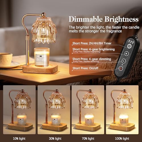 Candle Warmer Lamp with Timer Dimmer, Modern Wax Warmer for Scented Wax Jar Candle Warmer with 2 Bulbs, Adjustable Height Glass Lamp for Gifts for Women, Home Decor, Gold Amber