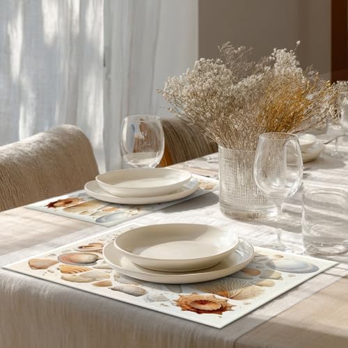 Shrahala Seashells Starfish Set of 6 12 X 18 Inch Linen Placemats, Beach Collection Burlap Table Mat Washable Double Layered Heat Insulation for Indoor/Outdoor