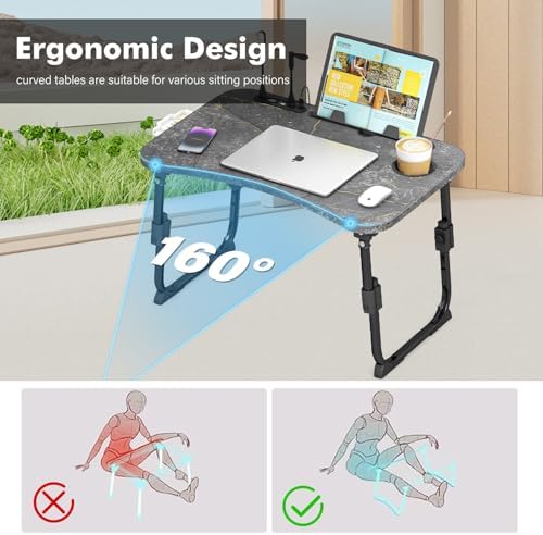 Lap Desk for Bed Adjustable Height, Foldable Bed Table with Storage Drawer, Tablet Slot & Cup Holder, Portable Laptop Stand for Bed & Sofa, Bed Desk for Adults & Kids, Deep Stone Color