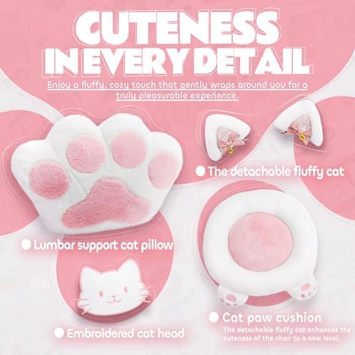 Pink Gaming Chair Cute with Cat Ears Paw Lumbar and Cushion,Ergonomic Computer Chair with Footrest,Reclining PC Game Chair for Girl Computer Chair 300lbs for Adult