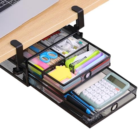 Under Desk Drawer, Clamp on Desk Organizer Slide Out Table Storage No Drill