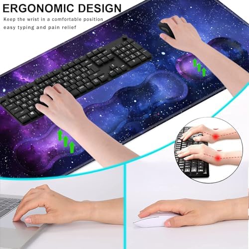 Keyboard Wrist Rest and Mouse Pad with Wrist Support Set Ergonomic Coaster,Memory Foam,Easy Typing Pain Relief,Large XL Desk Mat 31.5"x 11.8",Galaxy Design