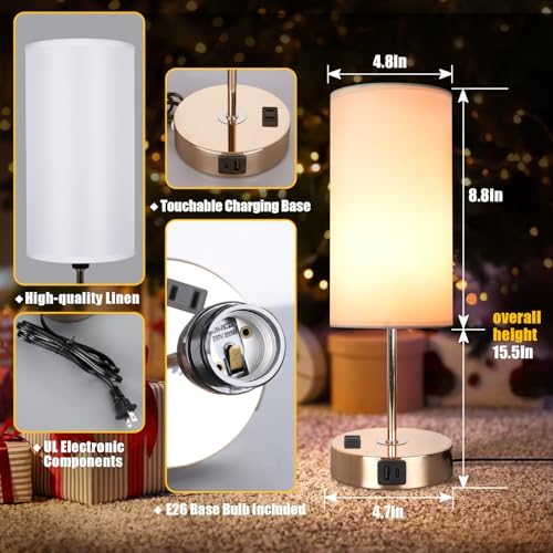 Gold Table Lamp with USB Port - Touch Lamp Desk Lamp, Bedside Lamps for Bedroom, 3 Way Dimmable Small Lamps for Living Room, Dorm, Home, Office, Cute Gold Base+ White Lampshade